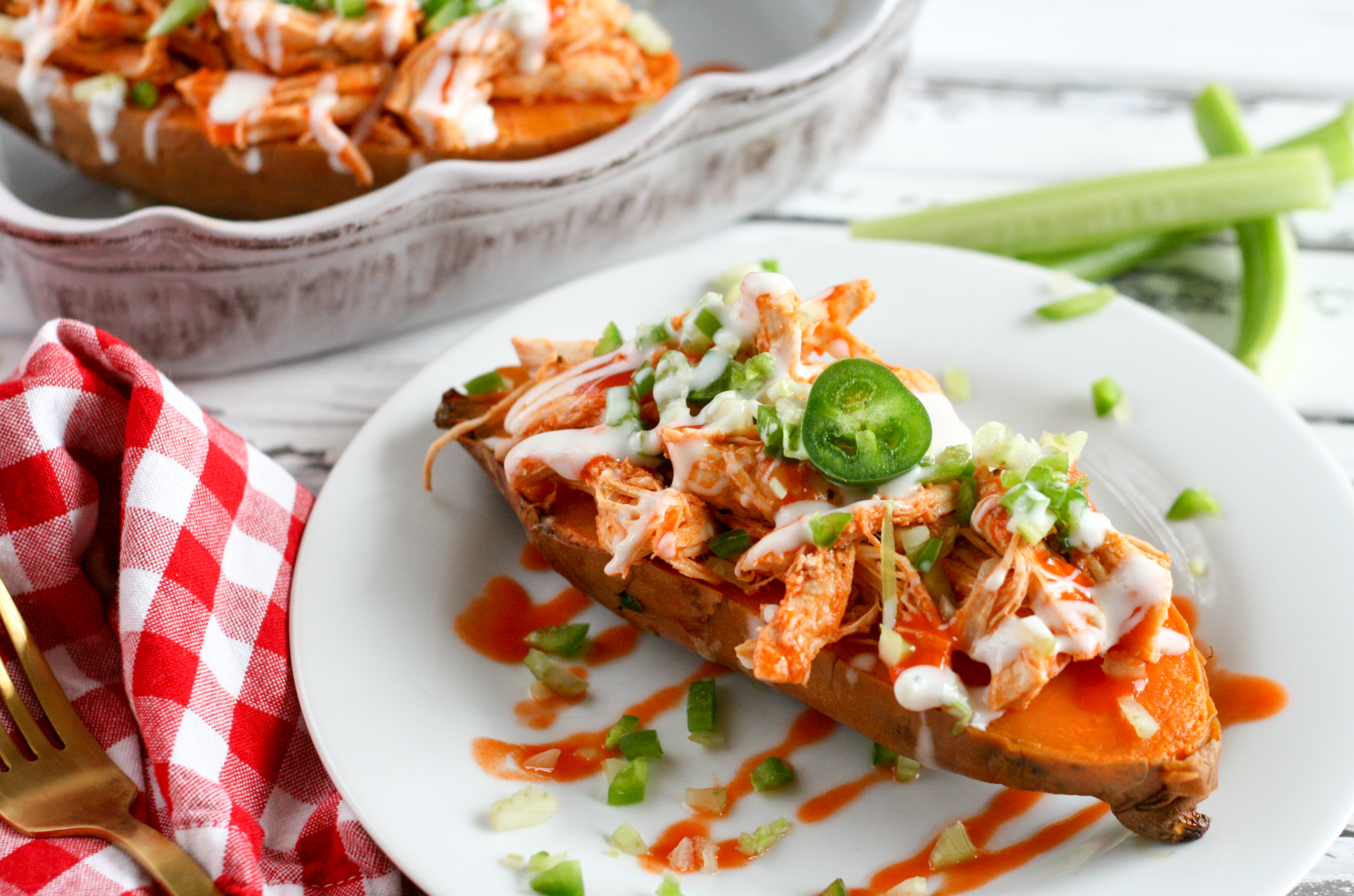 Easy Instant Pot Buffalo Chicken Stuffed Sweet Potato